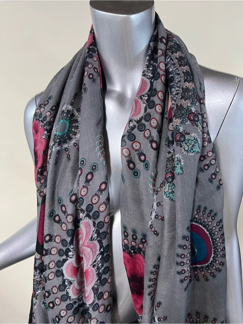 Long Large Scarf Geometric Colorful Boho Floral Print Soft Grey 32”x70”